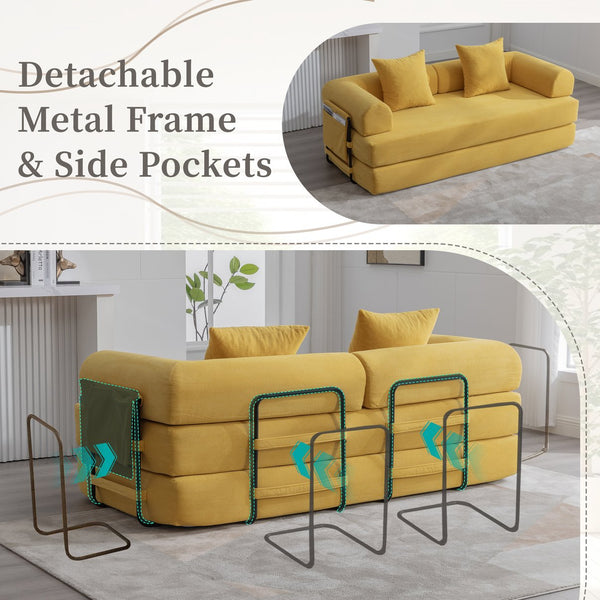 English Elm UNITED modular foldable sofa with metal frame, corduroy upholstery, side pocket & quick assembly convenience Mustard yellow W1568P375635