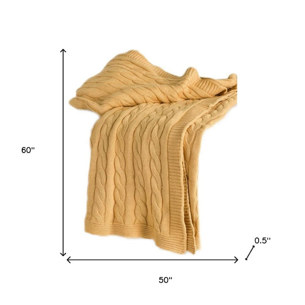 HomeRoots 50" Cozy Light Yellow Cable Knit Cotton Throw Blanket – Versatile, Soft, and Perfect for Any Room! 518765