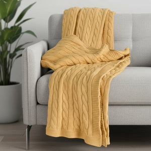 HomeRoots 50" Cozy Light Yellow Cable Knit Cotton Throw Blanket – Versatile, Soft, and Perfect for Any Room! 518765