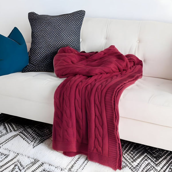 HomeRoots Red Knitted Throw Blanket - 100% Cotton, Cozy Striped Design for Home Décor, Soft & Versatile 50"x50" 518766