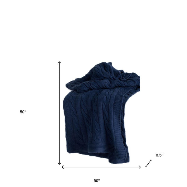 HomeRoots Blue Knitted Cotton Throw Blanket - Soft, Breathable, Reversible Design for Cozy Living Room Style 518767