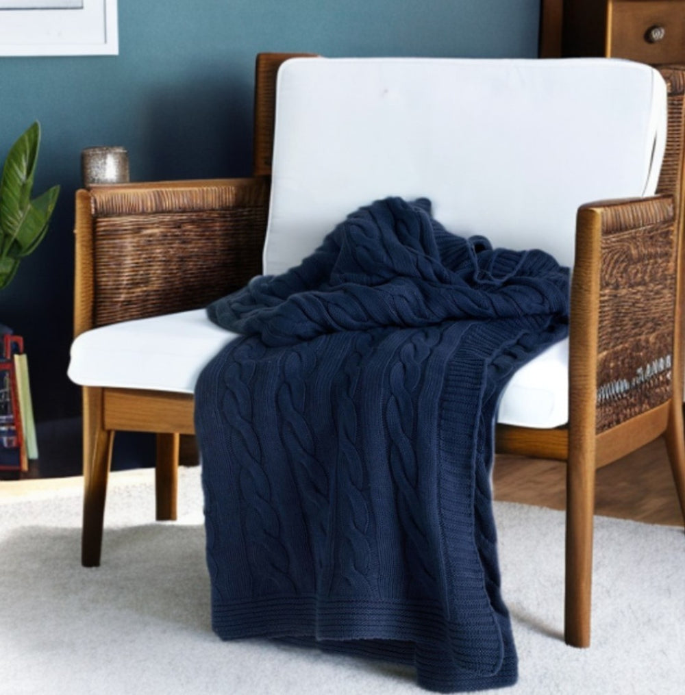 HomeRoots Blue Knitted Cotton Throw Blanket - Soft, Breathable, Reversible Design for Cozy Living Room Style 518767