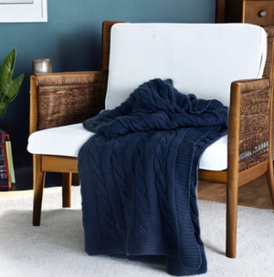 HomeRoots Blue Knitted Cotton Throw Blanket - Soft, Breathable, Reversible Design for Cozy Living Room Style 518767