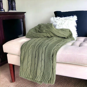 HomeRoots 50" Olive Green Cotton Knitted Striped Throw Blanket - Soft, Stylish, Versatile Comfort for Any Space 518768