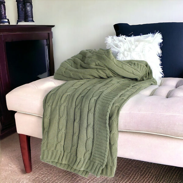 HomeRoots 50" Olive Green Cotton Knitted Striped Throw Blanket - Soft, Stylish, Versatile Comfort for Any Space 518768