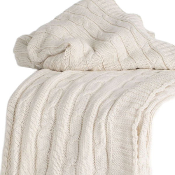 HomeRoots Ivory Knitted Throw Blanket - 100% Cotton, Soft & Breathable, Stylish Striped Design for Cozy Decor 518769