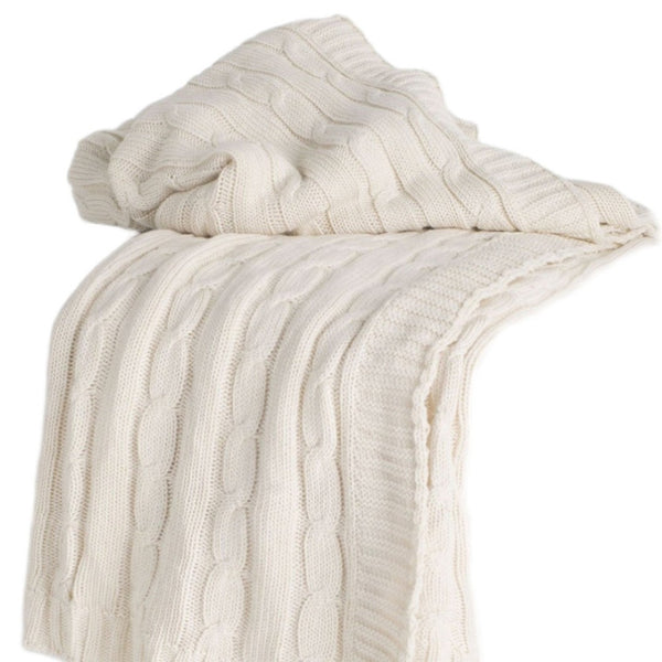 HomeRoots Ivory Knitted Throw Blanket - 100% Cotton, Soft & Breathable, Stylish Striped Design for Cozy Decor 518769