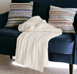 HomeRoots Ivory Knitted Throw Blanket - 100% Cotton, Soft & Breathable, Stylish Striped Design for Cozy Decor 518769