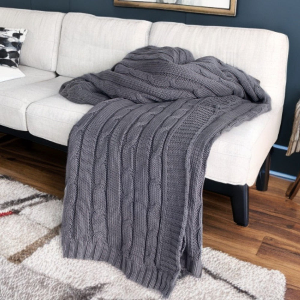 HomeRoots Light Gray Knitted Cotton Throw Blanket – Elegant Cozy Accent for Modern Living Spaces & Comfort 518771