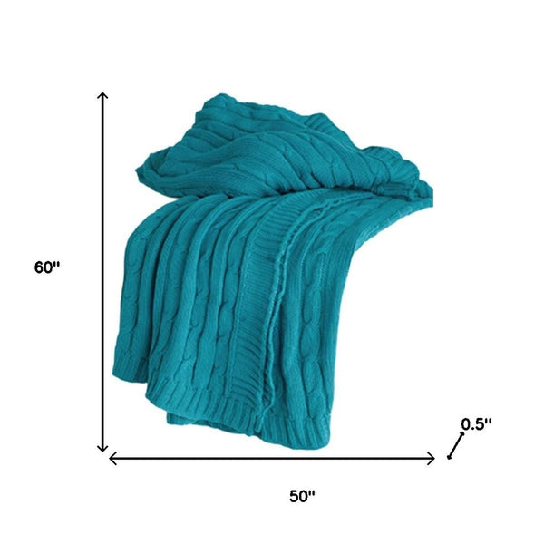 HomeRoots 50" Cozy Teal Blue Cotton Cable Knit Throw Blanket – Stylish Striped Design for Home & Gifts! 518772
