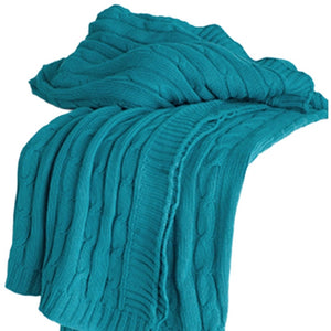HomeRoots 50" Cozy Teal Blue Cotton Cable Knit Throw Blanket – Stylish Striped Design for Home & Gifts! 518772