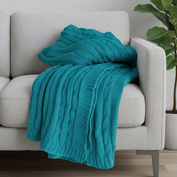 HomeRoots 50" Cozy Teal Blue Cotton Cable Knit Throw Blanket – Stylish Striped Design for Home & Gifts! 518772