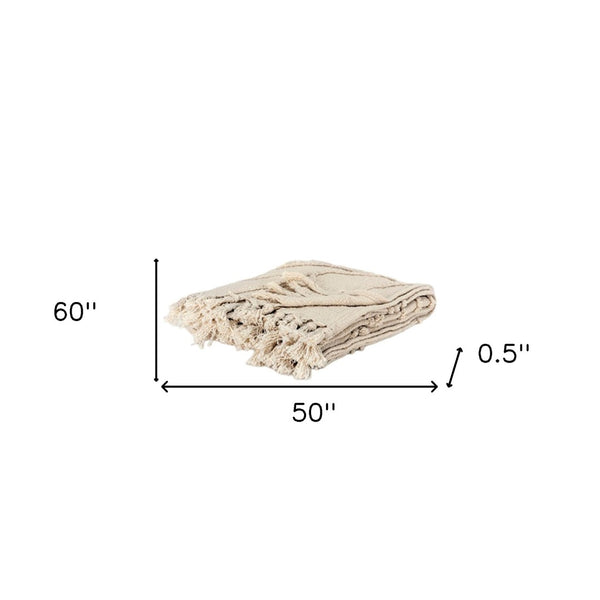 HomeRoots 50" Woven Floral Throw Blanket in Natural Cotton with Tassels – Cozy, Stylish, and Gift-Ready! 518824