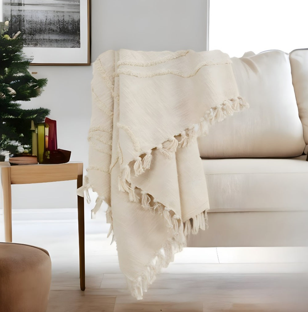HomeRoots 50" Woven Floral Throw Blanket in Natural Cotton with Tassels – Cozy, Stylish, and Gift-Ready! 518824