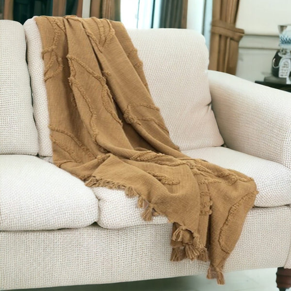 HomeRoots 50" Camel Floral Cotton Woven Throw Blanket - Cozy Style for Home, Perfect Gift for Any Occasion 518834