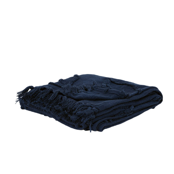 HomeRoots 50" Blue Floral Cotton Woven Throw Blanket – Soft, Reversible Design with Decorative Fringe Edging 518836
