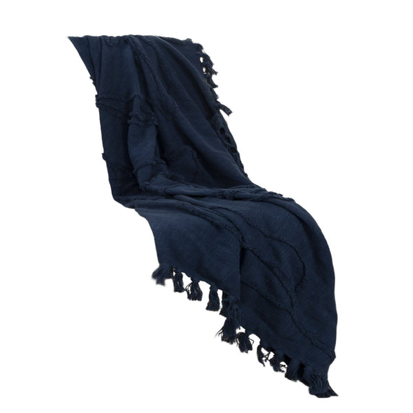 HomeRoots 50" Blue Floral Cotton Woven Throw Blanket – Soft, Reversible Design with Decorative Fringe Edging 518836