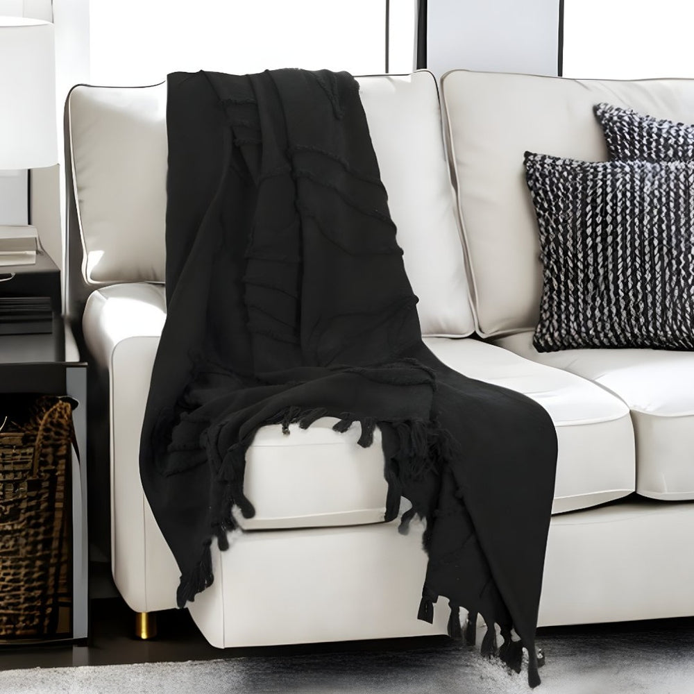 HomeRoots Black Woven Textured Cotton Throw Blanket – Cozy Elegance for Your Home Décor & Movie Nights! 518839