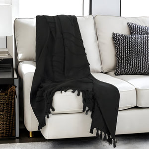 HomeRoots Black Woven Textured Cotton Throw Blanket – Cozy Elegance for Your Home Décor & Movie Nights! 518839