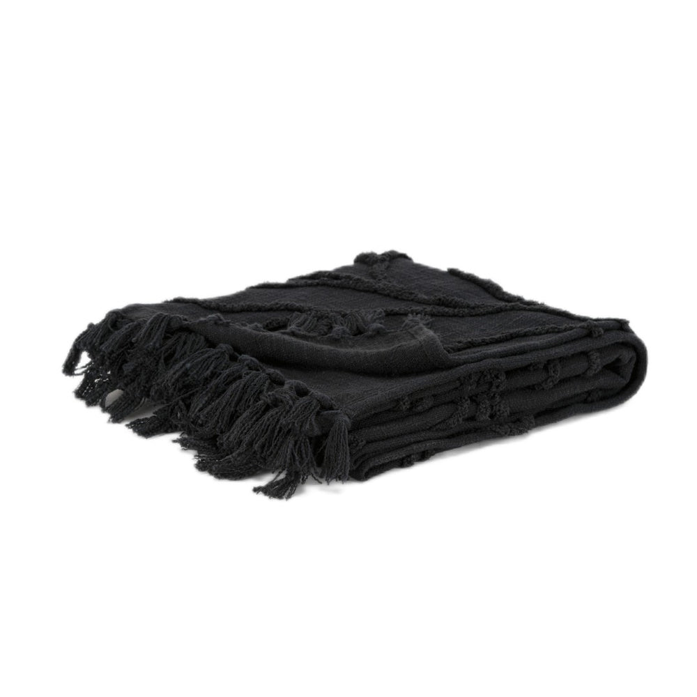 HomeRoots Black Woven Textured Cotton Throw Blanket – Cozy Elegance for Your Home Décor & Movie Nights! 518839