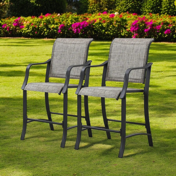 Homeroots Set Of Two Modern 25" Black & Gray Metal Outdoor Counter Height Bar Chairs With Footrest   518853