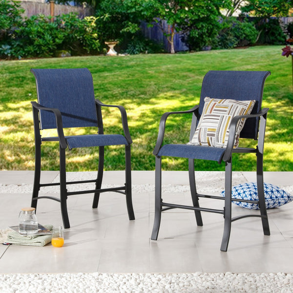 Homeroots Set Of Two Stylish 25" Black And Blue Metal Outdoor Bar Chairs With Footrest For Trendy Spaces   518854