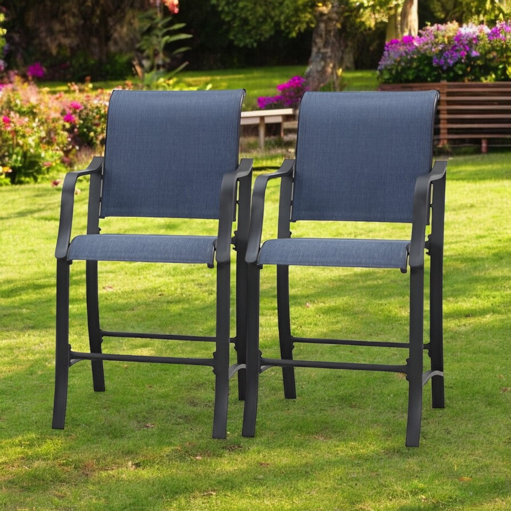Homeroots Set Of Two Stylish 25" Black And Blue Metal Outdoor Bar Chairs With Footrest For Trendy Spaces   518854