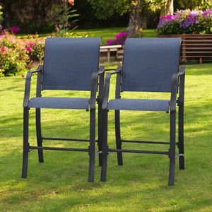 Homeroots Set Of Two Stylish 25" Black And Blue Metal Outdoor Bar Chairs With Footrest For Trendy Spaces   518854