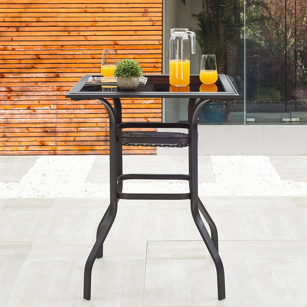 Homeroots 28" Black Square Glass Outdoor Bistro Table  Metal 518862