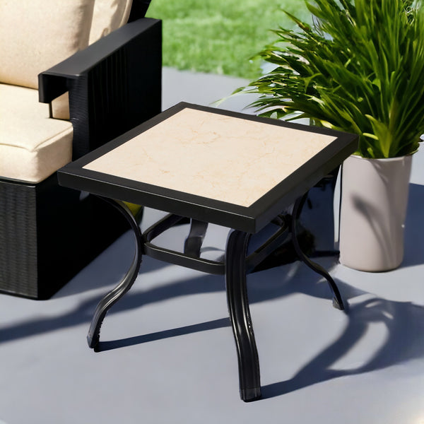 Homeroots 21" Beige And Ivory Square Ceramic Outdoor Side Table  Metal 518885
