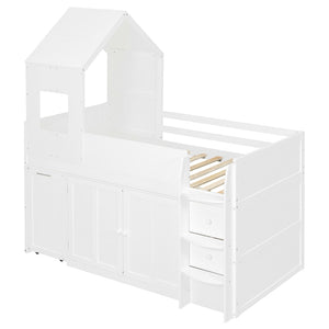 English Elm Twin House Loft Bed with Pull Out Rolling Desk Stair Drawers and Cabinet Storage White N820S00072K