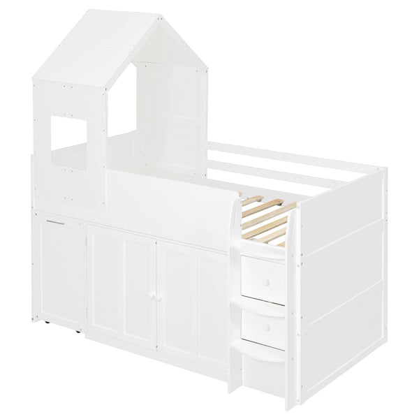 English Elm Twin House Loft Bed with Pull Out Rolling Desk Stair Drawers and Cabinet Storage White N820S00072K