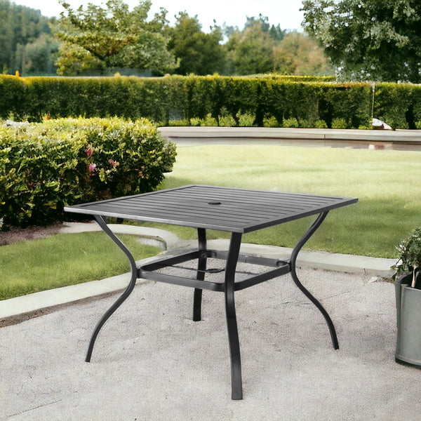 Homeroots 37" Black Square Metal Outdoor Dining Table With Umbrella Hole  Metal 518900