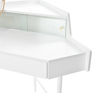 English Elm Corner Makeup Vanity Desk with 360° Rotating LED Mirror, Adjustable Brightness, L-Shaped Corner Design and Pull-Out Storage for Small Spaces White N844P263663A