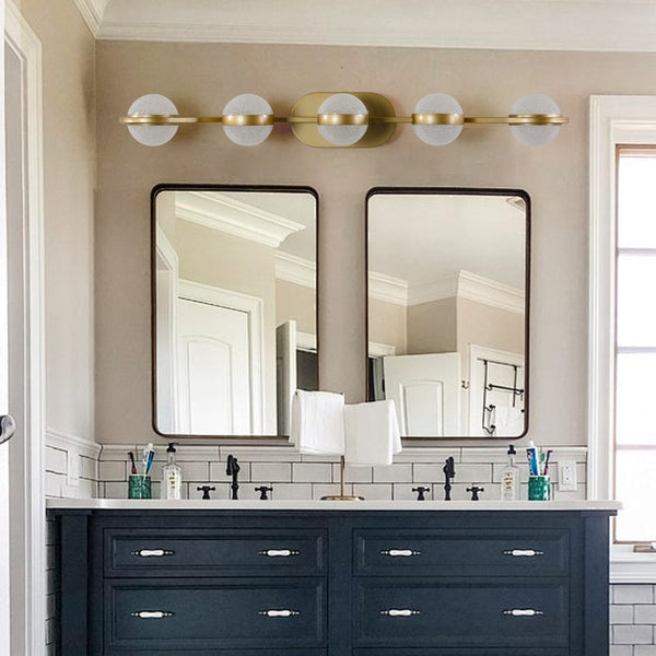 English Elm Bathroom Vanity Light - Elegant 5-Bulb Led Fixture With Crystal Sand Shades In Champagne Gold Finish W2312P374868