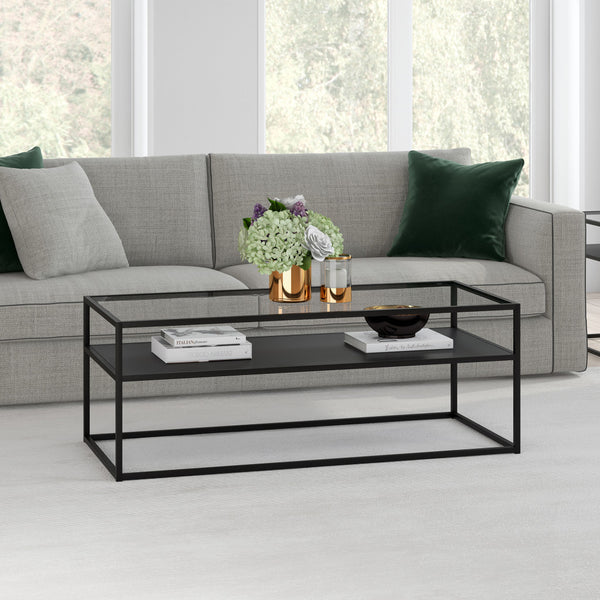 Homeroots 46" Black Glass And Steel Coffee Table With Shelf   518961