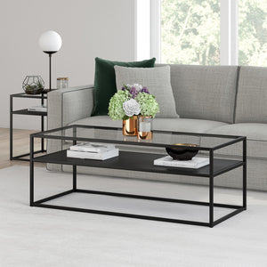Homeroots 46" Black Glass And Steel Coffee Table With Shelf   518961