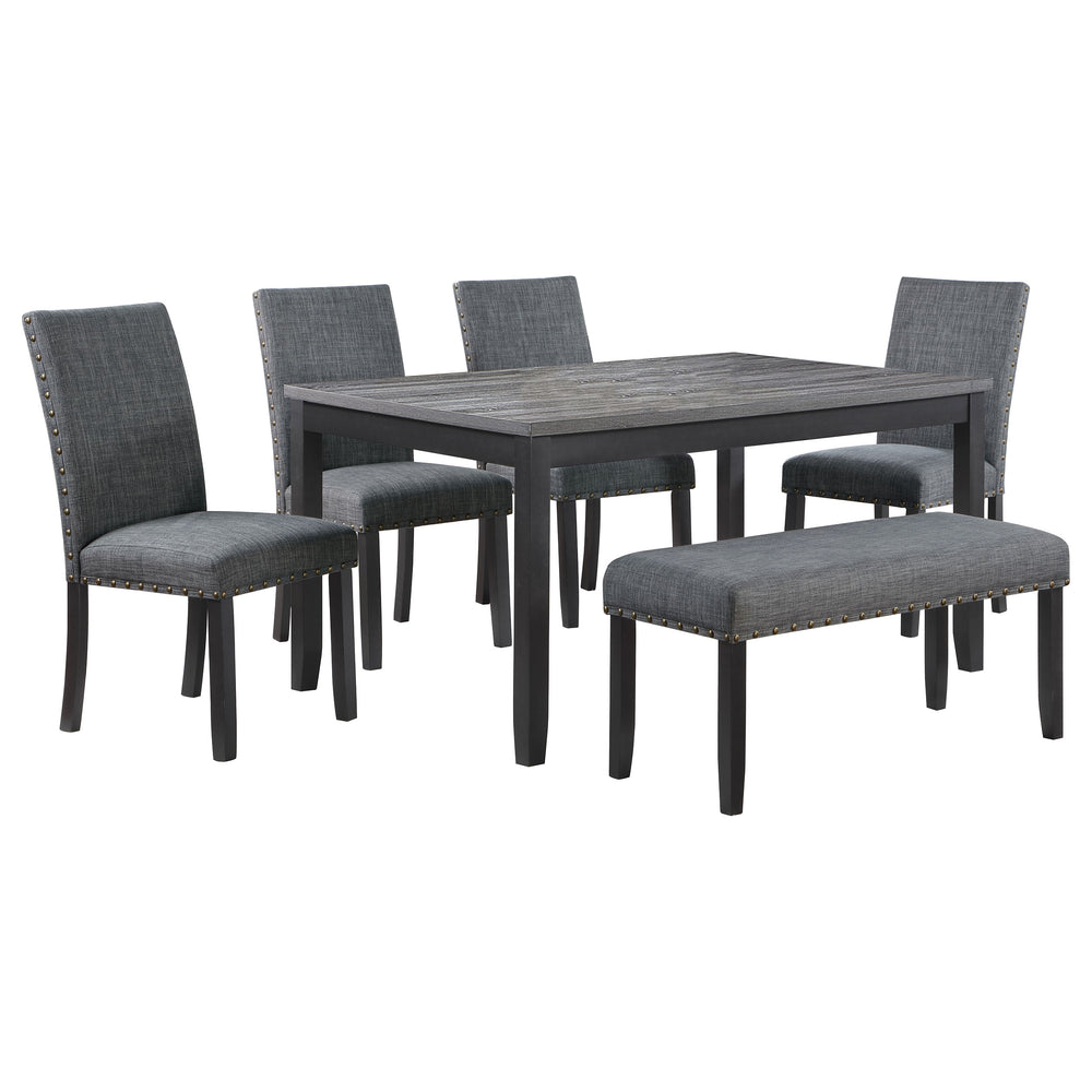 English Elm Van Slyke Grey six-piece dining set with nailhead-trim chairs, bench & black frame for modern style B062P358491
