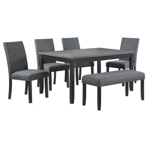 English Elm Van Slyke Grey six-piece dining set with nailhead-trim chairs, bench & black frame for modern style B062P358491