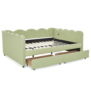 English Elm Queen Gingham Linen Daybed with Wave Backrest Two Storage Drawers and Usb Port Green W1413S00151