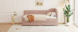 English Elm Twin Size L-Shaped Corduroy Daybed,Upholstered Bed Frame With 2 Storage Drawers,Pink