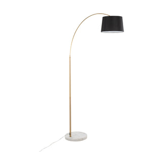 English Elm March Contemporary Floor Lamp - Antique Brass Arc & White Marble Base With Black Linen Shade Design B202S01370