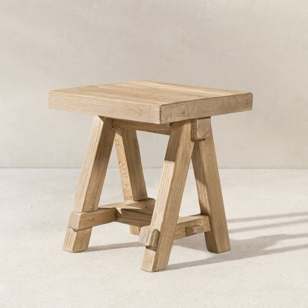 English Elm Hawthorne Reclaimed Elm Square Side Table with Trestle Base for Modern Rustic Interiors Natural B2719P474459