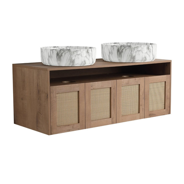 English Elm 48" Floating Bathroom Vanity Oak Finish Dual Ceramic Sinks Four Soft Close Doors W999S00494