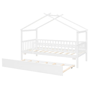 English Elm Twin House Bed with Trundle Solid Pine Frame Walnut Kids Bedroom Sleepover N708P357115K