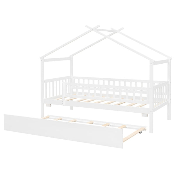 English Elm Twin House Bed with Trundle Solid Pine Frame Walnut Kids Bedroom Sleepover N708P357115K