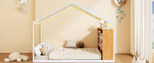 English Elm Twin House Bed Frame with Shelves & Built-In Lights, Metal-Wood Design for Creative Kids' Rooms White N737P176708K