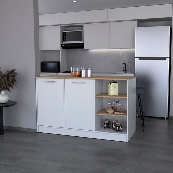 English Elm Kitchen Island Leoti White Engineered Wood with European Ash Top, 2 Cabinets, Durable Modern Storage B092S00268