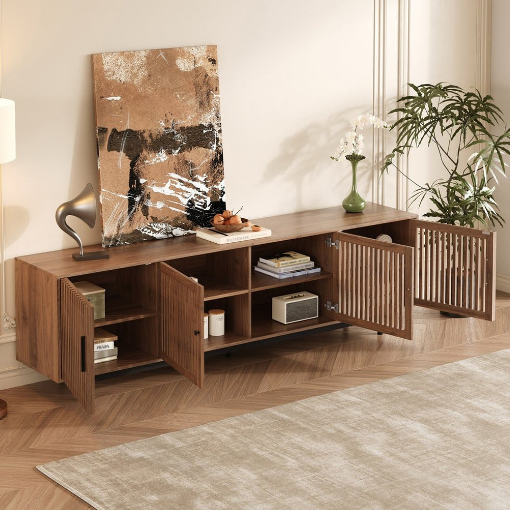 English Elm 78 Inch Walnut Media Console with Slatted Doors Solid Wood Legs and Cable Management N710P374706P