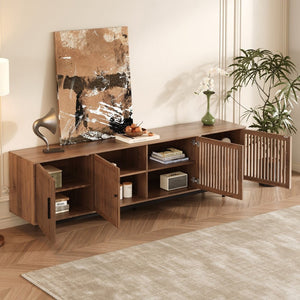 English Elm 78 Inch Walnut Media Console with Slatted Doors Solid Wood Legs and Cable Management N710P374706P